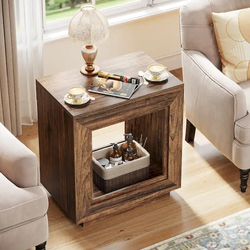 Table d'appoint rectangulaire à 2 niveaux – Gris / Naturel / Marron / Noir, MDF de style ferme, utilisateur unique