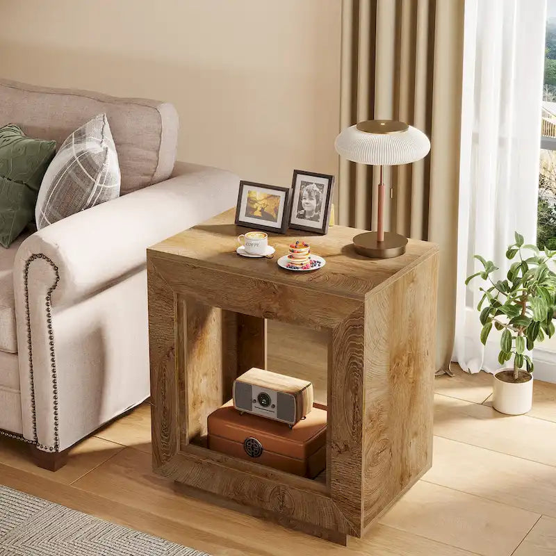 Table d'appoint rectangulaire à 2 niveaux – Gris / Naturel / Marron / Noir, MDF de style ferme, utilisateur unique