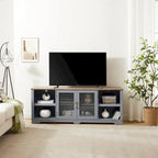 Meuble TV moderne, grande console de divertissement, pour téléviseur jusqu'à 80 pouces, avec étagères ouvertes et armoires à portes vitrées