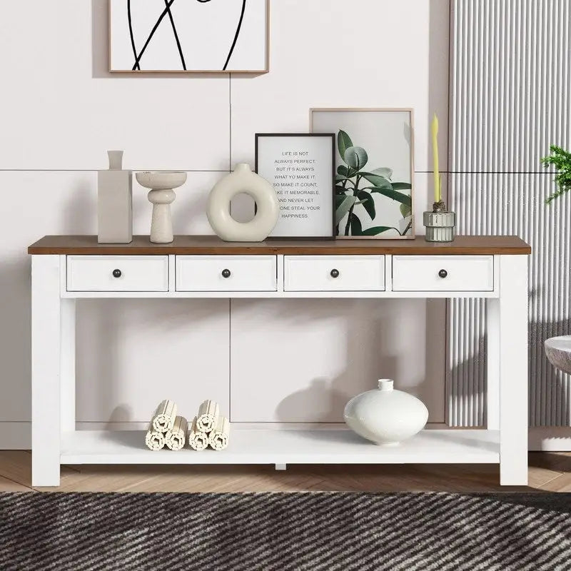Console avec 4 tiroirs et une étagère – Blanc et marron / Blanc antique / Noir / Espresso / Bleu, en bois de pin rétro, 1 à 2 utilisateurs
