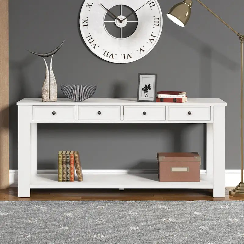 Console avec 4 tiroirs et une étagère – Blanc et marron / Blanc antique / Noir / Espresso / Bleu, en bois de pin rétro, 1 à 2 utilisateurs