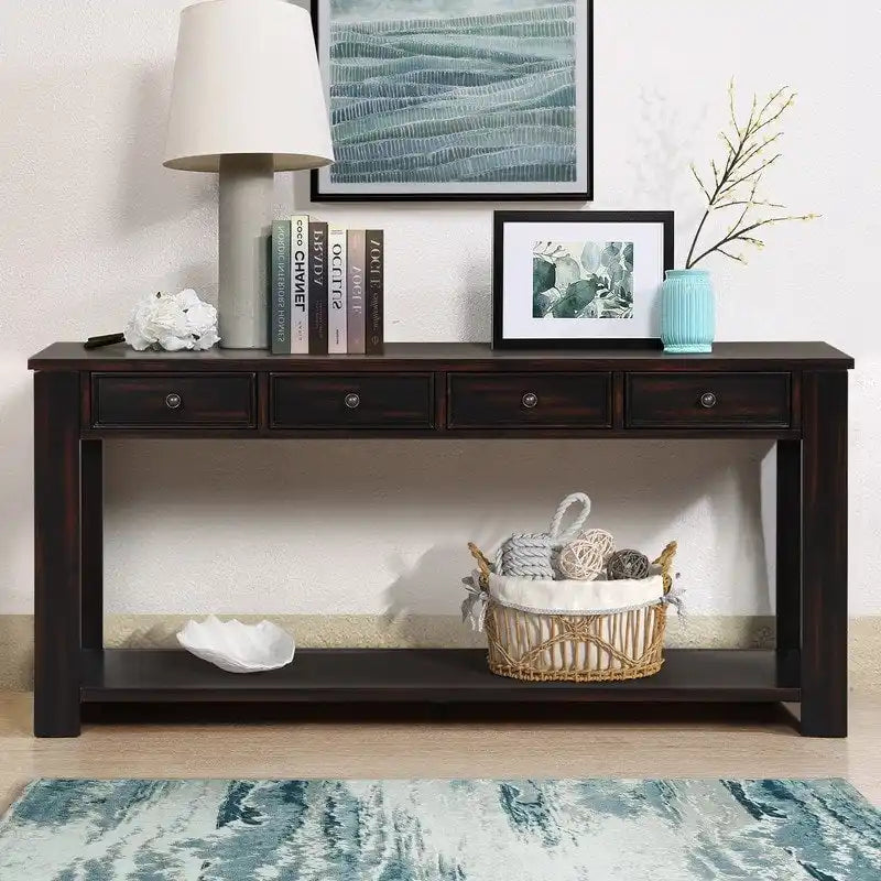 Console avec 4 tiroirs et une étagère – Blanc et marron / Blanc antique / Noir / Espresso / Bleu, en bois de pin rétro, 1 à 2 utilisateurs