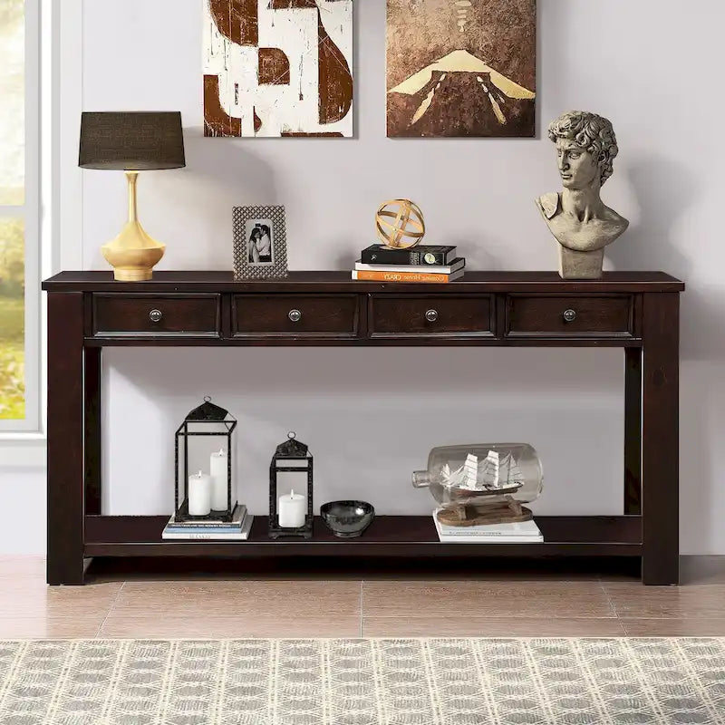 Console avec 4 tiroirs et une étagère – Blanc et marron / Blanc antique / Noir / Espresso / Bleu, en bois de pin rétro, 1 à 2 utilisateurs