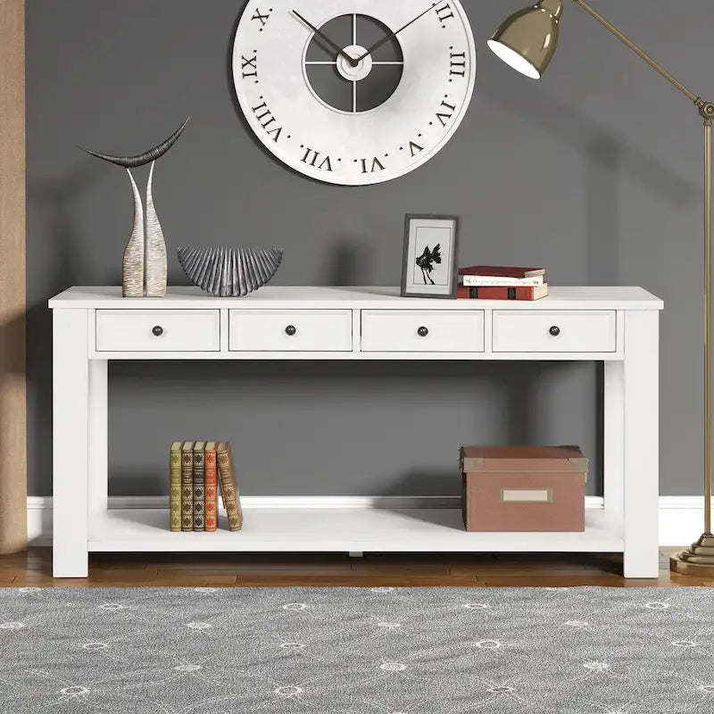 Console avec 4 tiroirs et une étagère – Blanc et marron / Blanc antique / Noir / Espresso / Bleu, en bois de pin rétro, 1 à 2 utilisateurs
