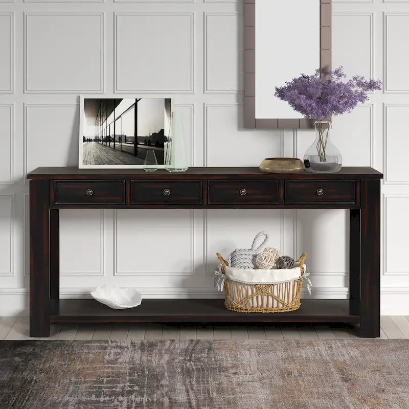 Console avec 4 tiroirs et une étagère – Blanc et marron / Blanc antique / Noir / Espresso / Bleu, en bois de pin rétro, 1 à 2 utilisateurs