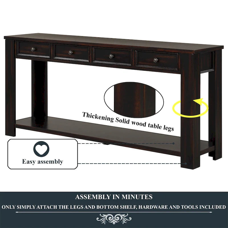 Console avec 4 tiroirs et une étagère – Blanc et marron / Blanc antique / Noir / Espresso / Bleu, en bois de pin rétro, 1 à 2 utilisateurs