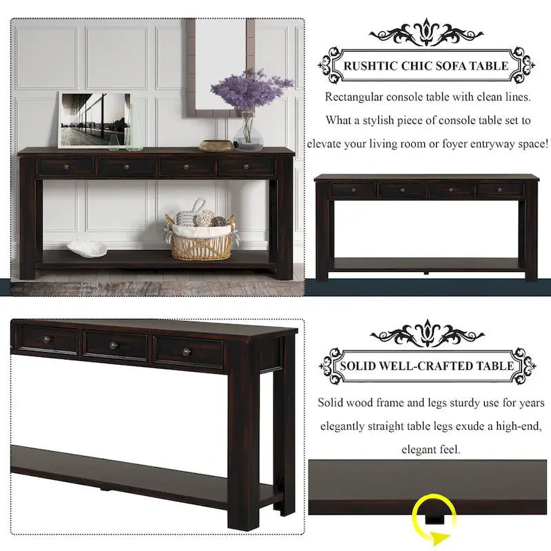 Console avec 4 tiroirs et une étagère – Blanc et marron / Blanc antique / Noir / Espresso / Bleu, en bois de pin rétro, 1 à 2 utilisateurs