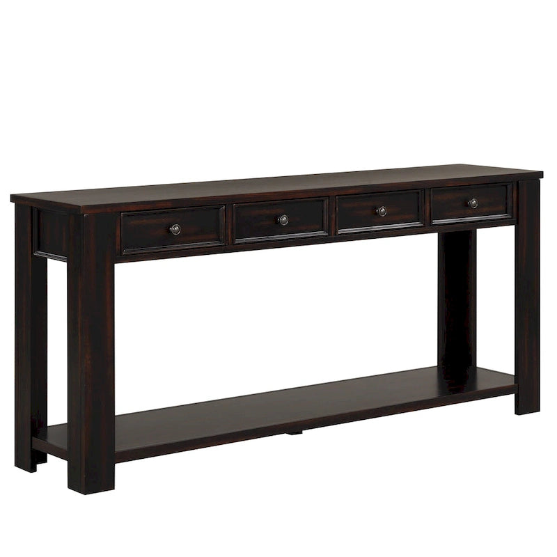 Console avec 4 tiroirs et une étagère – Blanc et marron / Blanc antique / Noir / Espresso / Bleu, en bois de pin rétro, 1 à 2 utilisateurs