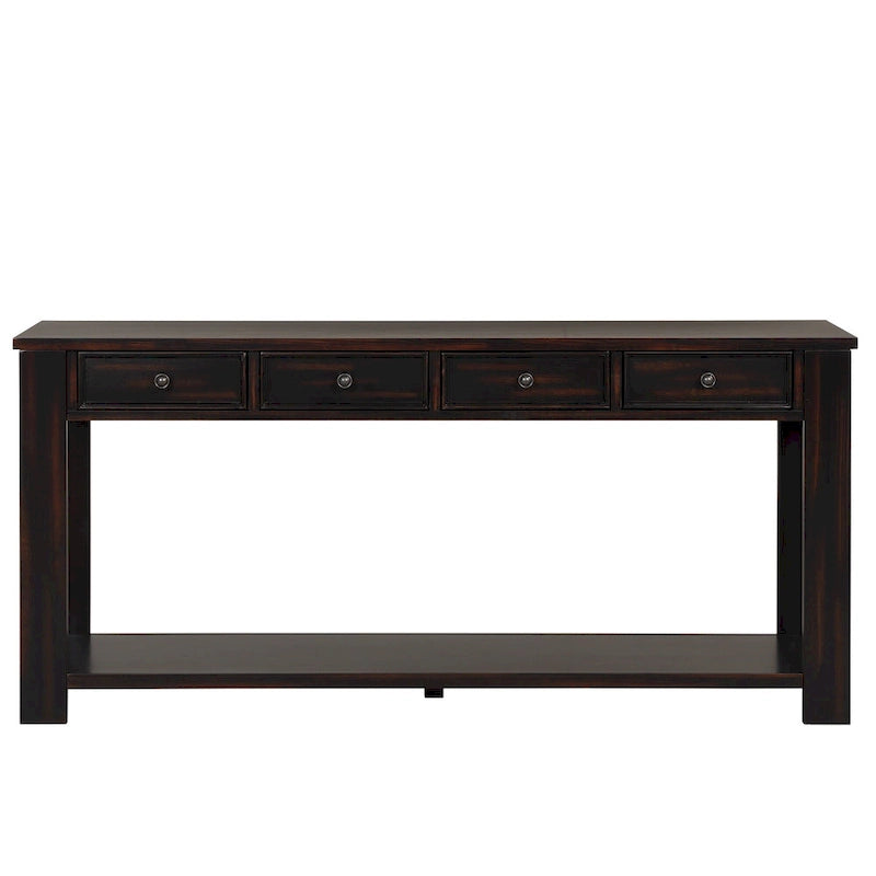 Console avec 4 tiroirs et une étagère – Blanc et marron / Blanc antique / Noir / Espresso / Bleu, en bois de pin rétro, 1 à 2 utilisateurs