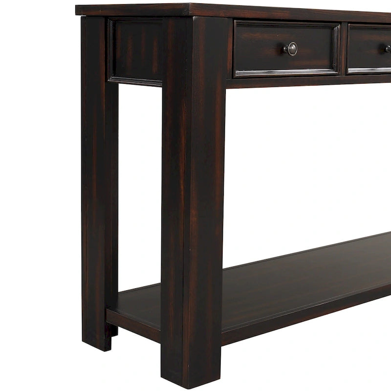 Console avec 4 tiroirs et une étagère – Blanc et marron / Blanc antique / Noir / Espresso / Bleu, en bois de pin rétro, 1 à 2 utilisateurs
