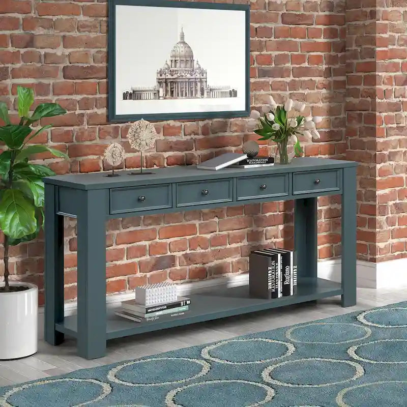 Console avec 4 tiroirs et une étagère – Blanc et marron / Blanc antique / Noir / Espresso / Bleu, en bois de pin rétro, 1 à 2 utilisateurs
