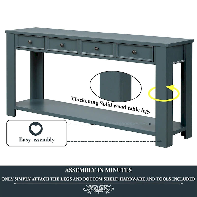 Console avec 4 tiroirs et une étagère – Blanc et marron / Blanc antique / Noir / Espresso / Bleu, en bois de pin rétro, 1 à 2 utilisateurs
