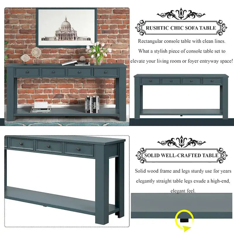 Console avec 4 tiroirs et une étagère – Blanc et marron / Blanc antique / Noir / Espresso / Bleu, en bois de pin rétro, 1 à 2 utilisateurs