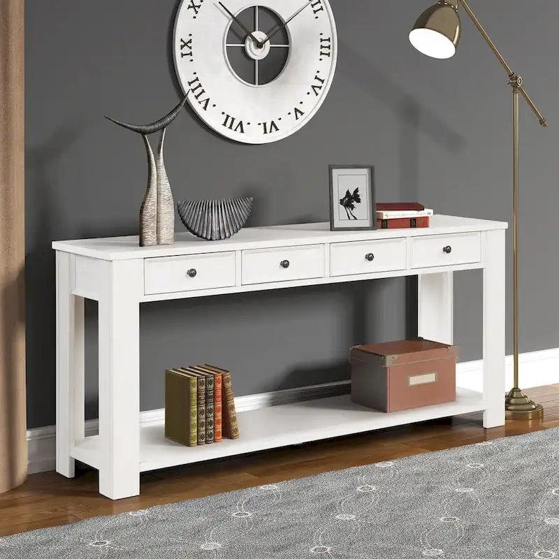Console avec 4 tiroirs et une étagère – Blanc et marron / Blanc antique / Noir / Espresso / Bleu, en bois de pin rétro, 1 à 2 utilisateurs