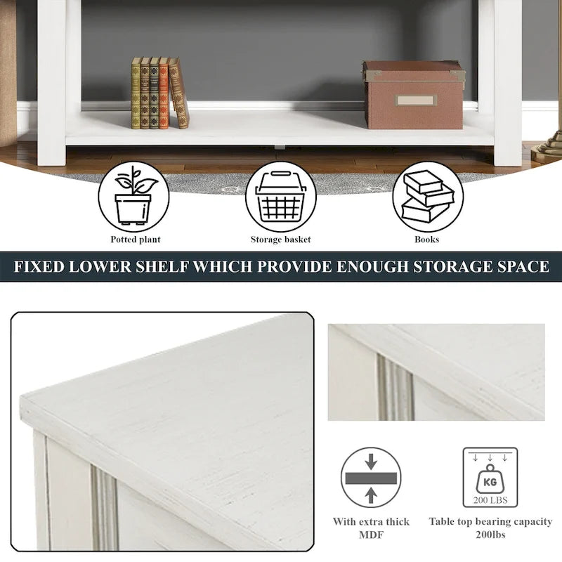 Console avec 4 tiroirs et une étagère – Blanc et marron / Blanc antique / Noir / Espresso / Bleu, en bois de pin rétro, 1 à 2 utilisateurs
