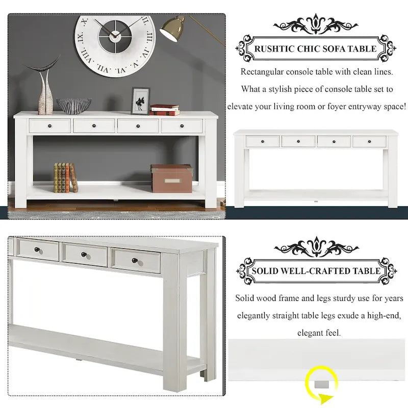 Console avec 4 tiroirs et une étagère – Blanc et marron / Blanc antique / Noir / Espresso / Bleu, en bois de pin rétro, 1 à 2 utilisateurs