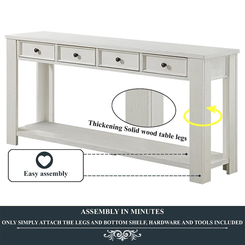 Console avec 4 tiroirs et une étagère – Blanc et marron / Blanc antique / Noir / Espresso / Bleu, en bois de pin rétro, 1 à 2 utilisateurs