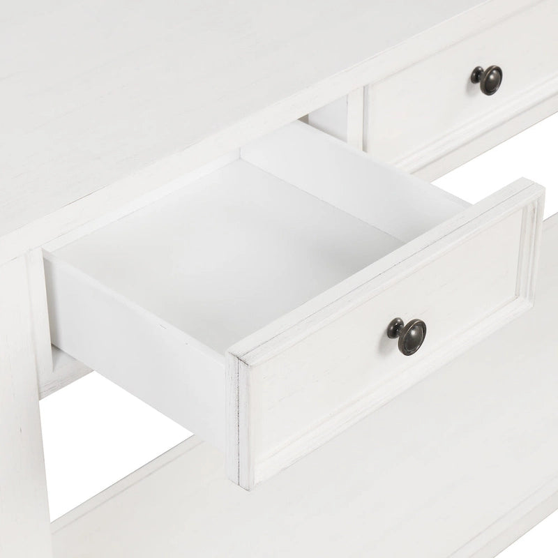 Console avec 4 tiroirs et une étagère – Blanc et marron / Blanc antique / Noir / Espresso / Bleu, en bois de pin rétro, 1 à 2 utilisateurs