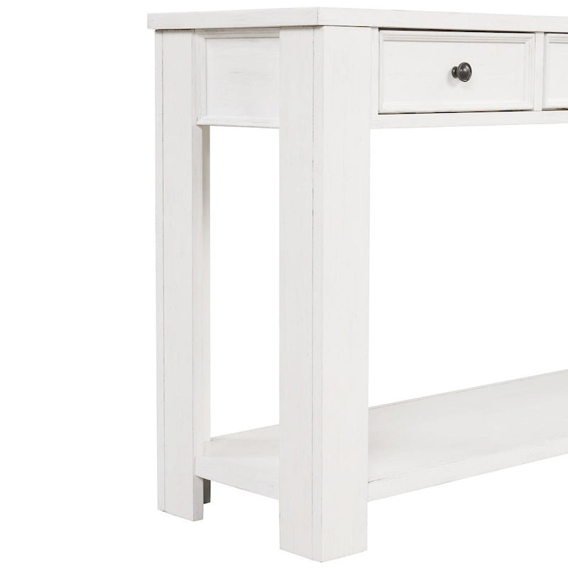 Console avec 4 tiroirs et une étagère – Blanc et marron / Blanc antique / Noir / Espresso / Bleu, en bois de pin rétro, 1 à 2 utilisateurs