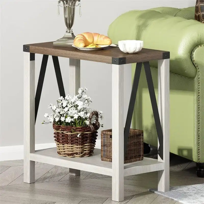 Table d'appoint à 2 niveaux – Blanc et marron, MDF et métal style ferme en A, pour une personne