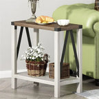 Table d'appoint à 2 niveaux – Blanc et marron, MDF et métal style ferme en A, pour une personne
