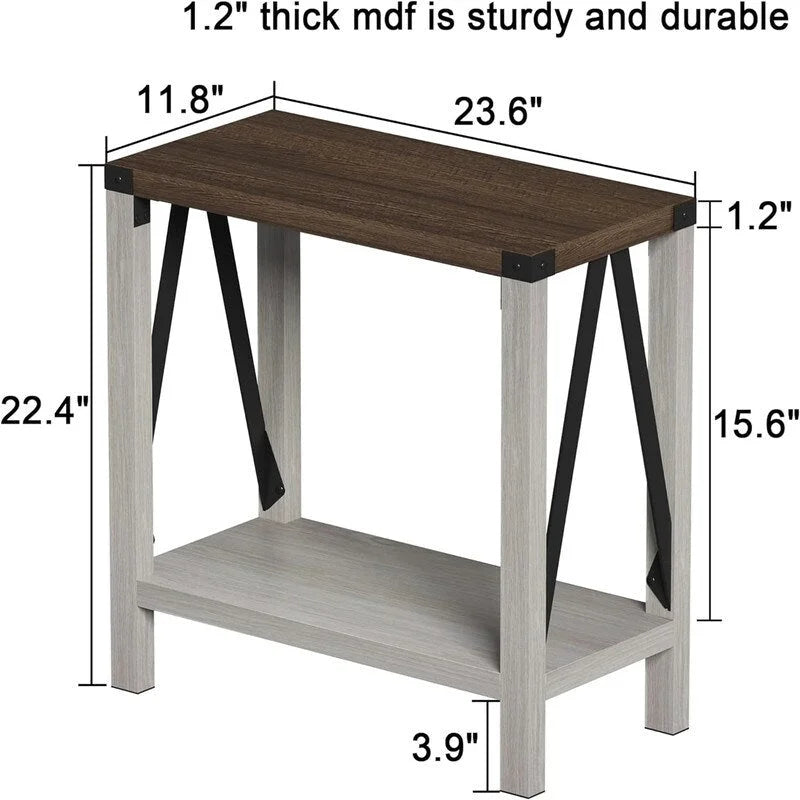 Table d'appoint à 2 niveaux – Blanc et marron, MDF et métal style ferme en A, pour une personne