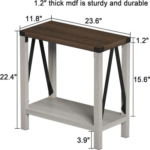 Table d'appoint à 2 niveaux – Blanc et marron, MDF et métal style ferme en A, pour une personne