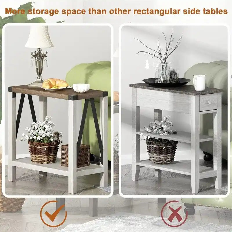 Table d'appoint à 2 niveaux – Blanc et marron, MDF et métal style ferme en A, pour une personne