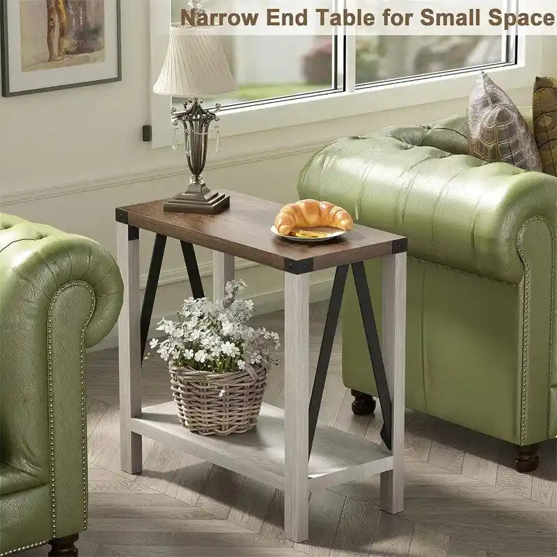 Table d'appoint à 2 niveaux – Blanc et marron, MDF et métal style ferme en A, pour une personne