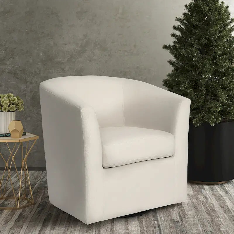 Fauteuil club pivotant avec passepoil ton sur ton – Blanc, polyester moderne et structure en pin, une place