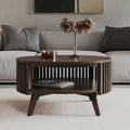Table basse ronde avec rangement – Noyer foncé et laiton, en bois d'hévéa de style milieu de siècle, 1 à 2 utilisateurs
