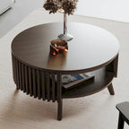 Table basse ronde avec rangement – Noyer foncé et laiton, en bois d'hévéa de style milieu de siècle, 1 à 2 utilisateurs
