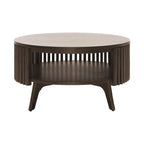 Table basse ronde avec rangement – Noyer foncé et laiton, en bois d'hévéa de style milieu de siècle, 1 à 2 utilisateurs