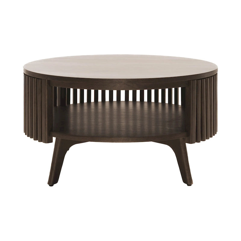 Table basse ronde avec rangement – Noyer foncé et laiton, en bois d'hévéa de style milieu de siècle, 1 à 2 utilisateurs