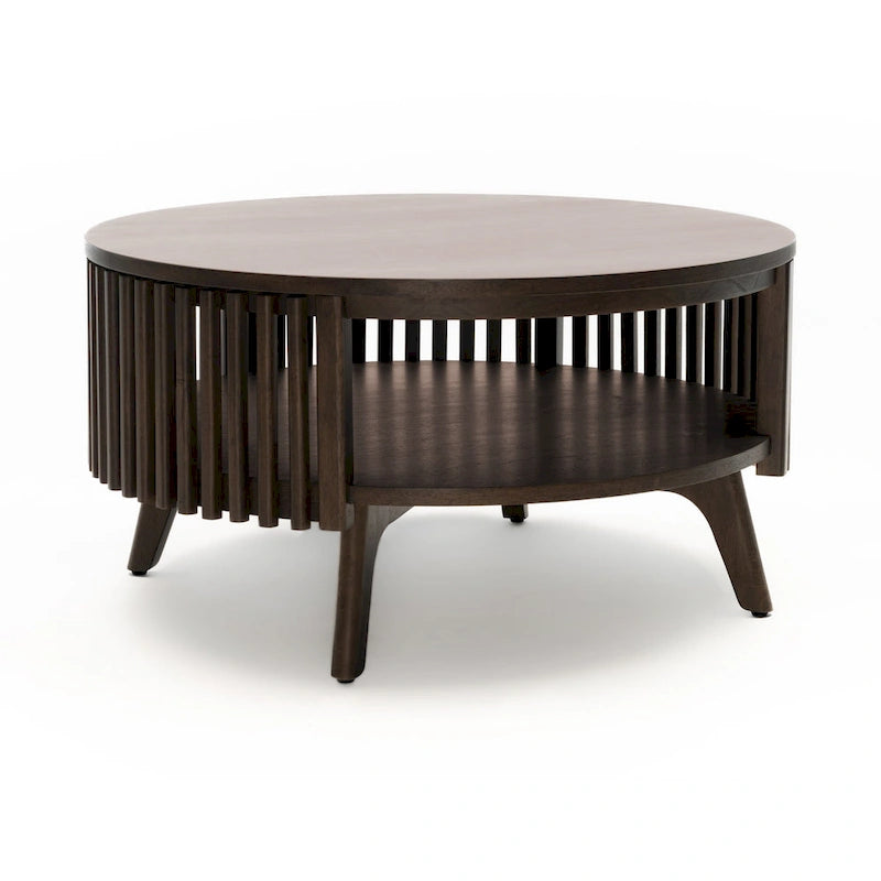 Table basse ronde avec rangement – Noyer foncé et laiton, en bois d'hévéa de style milieu de siècle, 1 à 2 utilisateurs