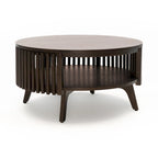 Table basse ronde avec rangement – Noyer foncé et laiton, en bois d'hévéa de style milieu de siècle, 1 à 2 utilisateurs