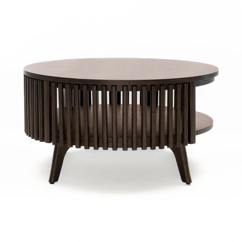Table basse ronde avec rangement – Noyer foncé et laiton, en bois d'hévéa de style milieu de siècle, 1 à 2 utilisateurs