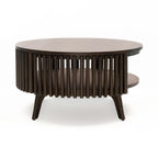 Table basse ronde avec rangement – Noyer foncé et laiton, en bois d'hévéa de style milieu de siècle, 1 à 2 utilisateurs