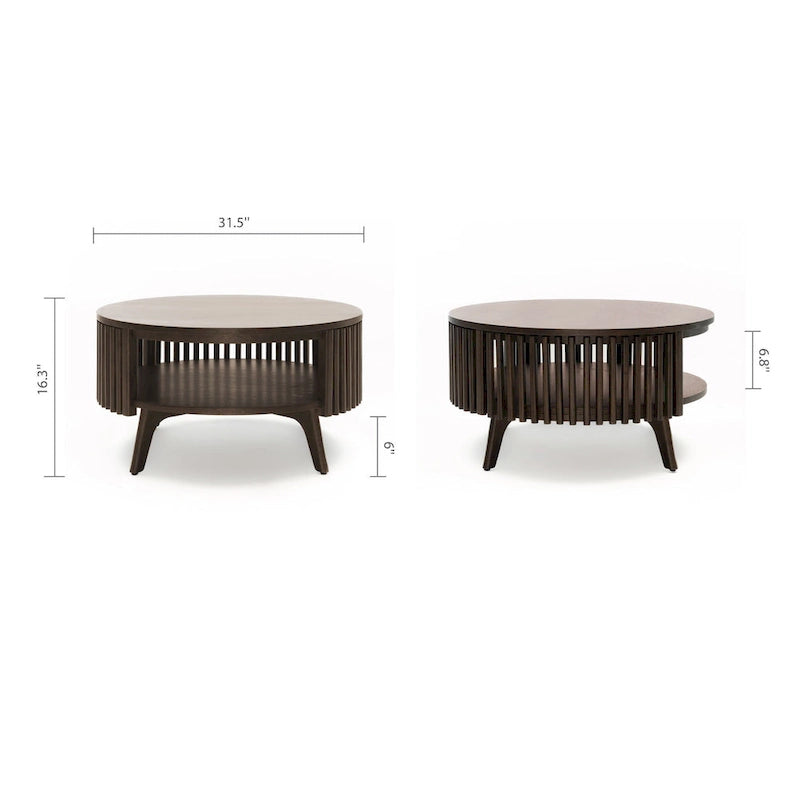 Table basse ronde avec rangement – Noyer foncé et laiton, en bois d'hévéa de style milieu de siècle, 1 à 2 utilisateurs