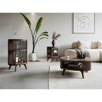 Table basse ronde avec rangement – Noyer foncé et laiton, en bois d'hévéa de style milieu de siècle, 1 à 2 utilisateurs