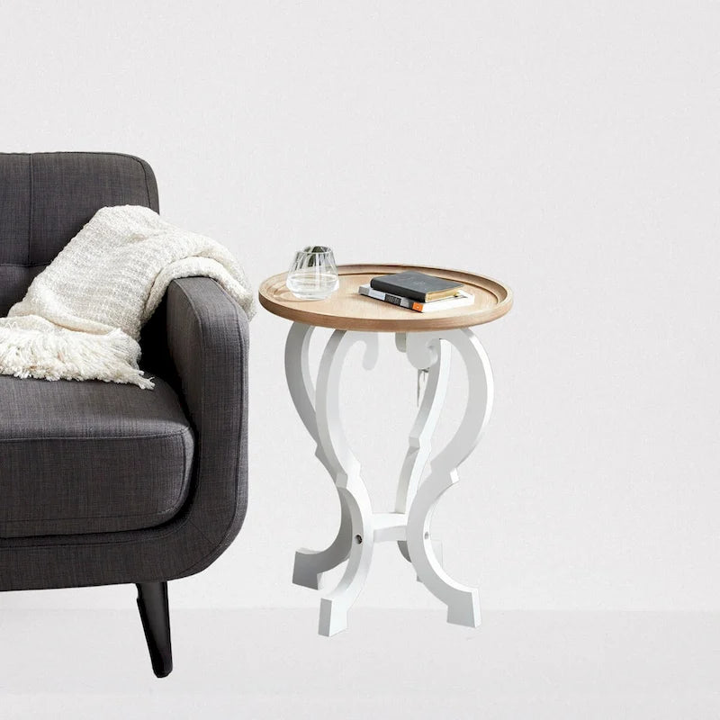 Guéridon d'appoint – Blanc et marron, pieds en bois défilés, style traditionnel, pour une personne