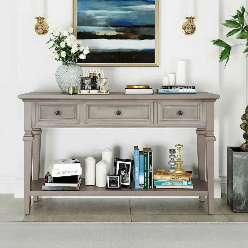 Console avec 3 tiroirs et une étagère – Gris délavé / Blanc antique / Bleu marine / Espresso, Bois de pin rétro classique, 1 à 2 utilisateurs