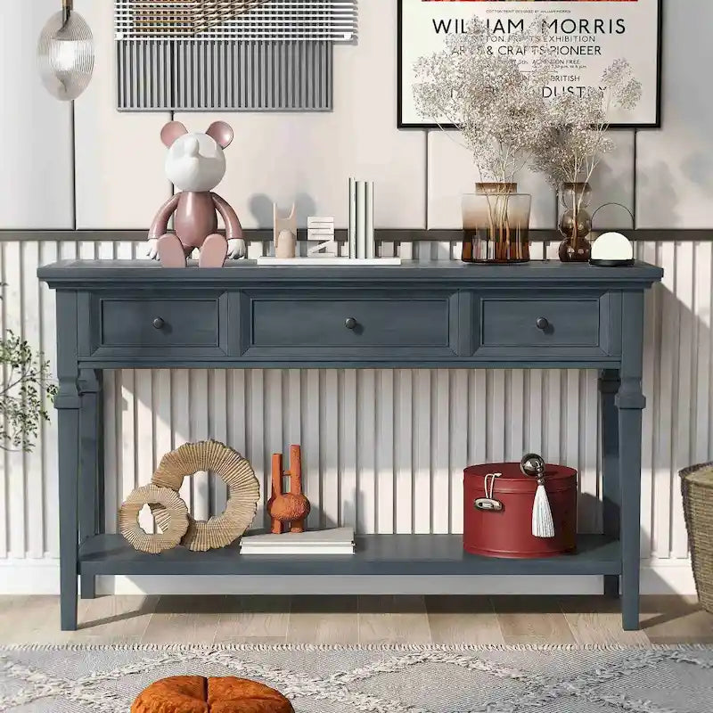 Console avec 3 tiroirs et une étagère – Gris délavé / Blanc antique / Bleu marine / Espresso, Bois de pin rétro classique, 1 à 2 utilisateurs