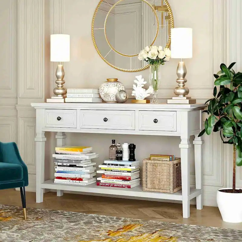 Console avec 3 tiroirs et une étagère – Gris délavé / Blanc antique / Bleu marine / Espresso, Bois de pin rétro classique, 1 à 2 utilisateurs