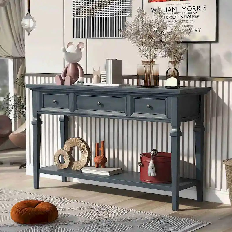 Console avec 3 tiroirs et une étagère – Gris délavé / Blanc antique / Bleu marine / Espresso, Bois de pin rétro classique, 1 à 2 utilisateurs
