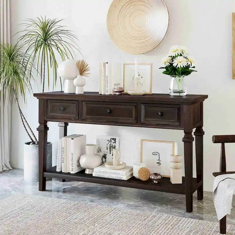 Console avec 3 tiroirs et une étagère – Gris délavé / Blanc antique / Bleu marine / Espresso, Bois de pin rétro classique, 1 à 2 utilisateurs