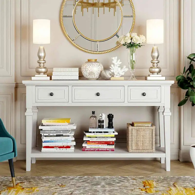 Console avec 3 tiroirs et une étagère – Gris délavé / Blanc antique / Bleu marine / Espresso, Bois de pin rétro classique, 1 à 2 utilisateurs