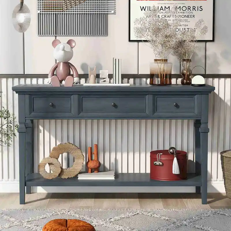 Console avec 3 tiroirs et une étagère – Gris délavé / Blanc antique / Bleu marine / Espresso, Bois de pin rétro classique, 1 à 2 utilisateurs