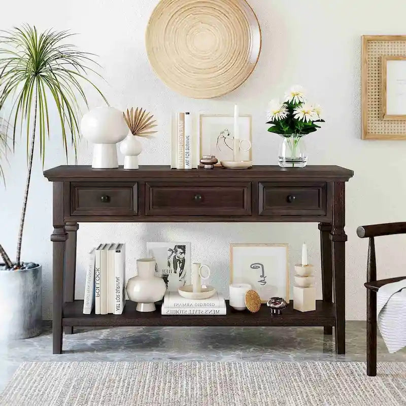 Console avec 3 tiroirs et une étagère – Gris délavé / Blanc antique / Bleu marine / Espresso, Bois de pin rétro classique, 1 à 2 utilisateurs