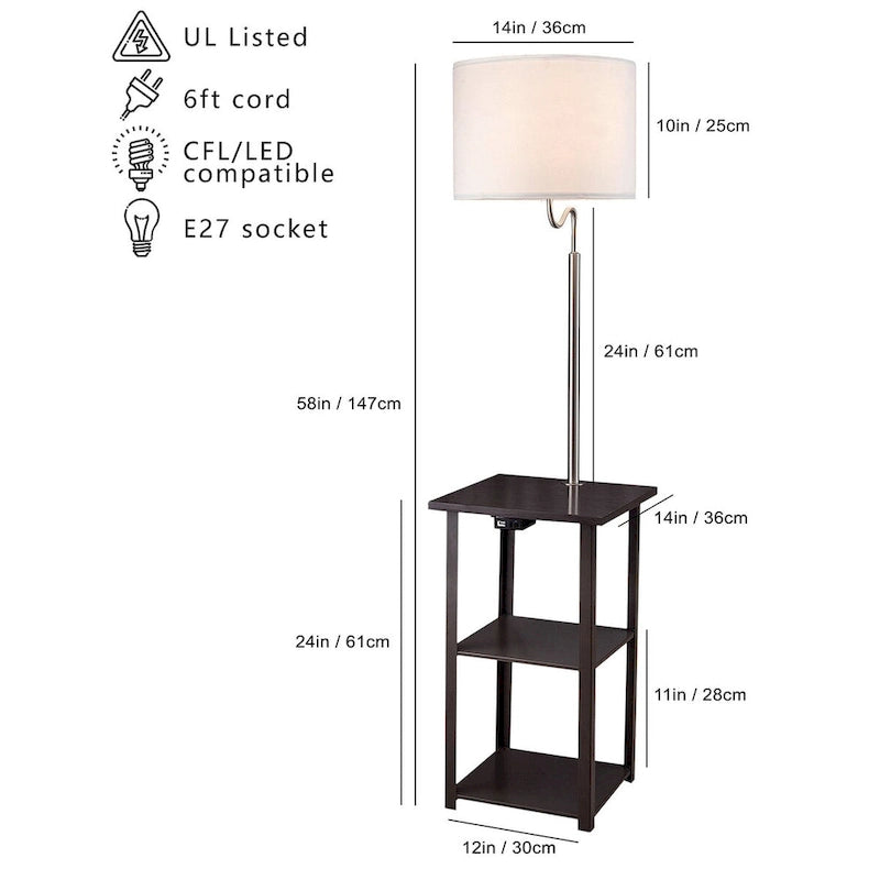 Table d'appoint avec lampadaire et station de recharge – Marron, bois et métal, utilisateur unique
